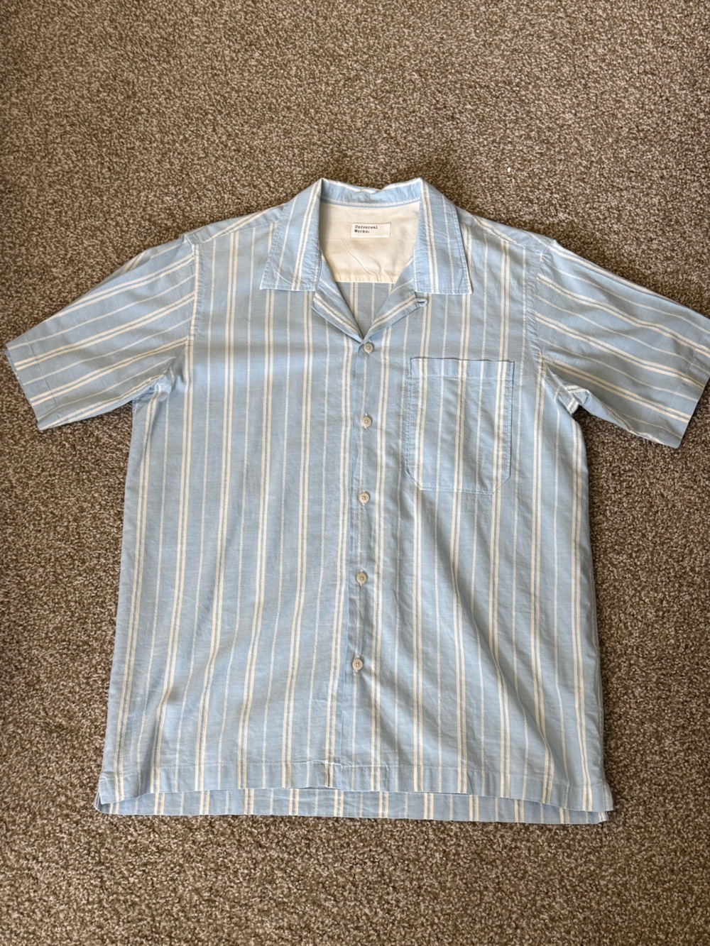 Universal Works camp Light Blue Striped Short-Sleeve Button-Up Shirt small